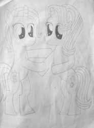Size: 1560x2104 | Tagged: safe, artist:xuf, starlight glimmer, trixie, pony, unicorn, g4, dilated pupils, female, mare, monochrome, solo, standing, traditional art