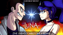 Size: 1920x1080 | Tagged: safe, artist:eurobeat brony, artist:phantombadger, artist:the living tombstone, artist:uc77, princess luna, oc, oc:the living tombstone, human, luna (eurobeat brony), g4, 2013, album cover, animated, artifact, breasts, brony music, choker, cleavage, cover, cover art, crown, duo, ear piercing, earring, eurobeat brony, female, humanized, jewelry, light skin, looking at each other, looking at someone, male, music, nostalgia, odyssey eurobeat, piercing, regalia, remix, text, webm, youtube, youtube link, youtube video