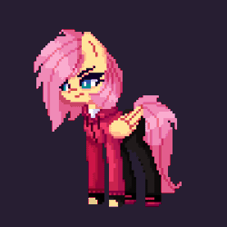 Size: 1000x1000 | Tagged: safe, artist:menalia, fluttershy, pegasus, pony, g4, alternate design, alternate hairstyle, alternate universe, animated, aseprite, black background, clothes, female, fingerless gloves, gif, gloves, hoodie, idle animation, looking at something, mare, pants, pixel art, shirt, shoes, simple background, sneakers, solo, t-shirt, wings, wip