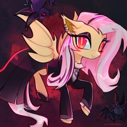 Size: 2048x2048 | Tagged: safe, artist:qwennondeathdie, fluttershy, bat, bat pony, pony, g4, bat ears, bat ponified, bat wings, clothes, ear piercing, earring, eyelashes, fangs, female, flutterbat, fluttergoth, high res, jewelry, looking at you, mare, piercing, race swap, red eyes, signature, slit pupils, solo, spread wings, wings