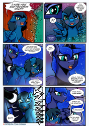 Size: 2480x3508 | Tagged: safe, artist:dsana, princess luna, oc, oc:aunt beet, oc:lullaby dusk, alicorn, earth pony, pegasus, pony, comic:a storm's lullaby, g4, angry, female, filly, foal, high res, mare