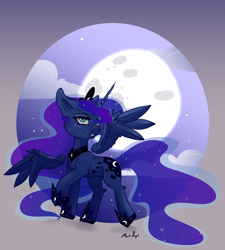 Size: 3228x3592 | Tagged: safe, artist:martazap3, princess celestia, princess luna, alicorn, pony, g4, female, floating wings, high res, horn, mare, moon, night, princess, royal, sky, solo, wings