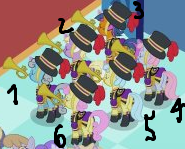 Size: 185x149 | Tagged: safe, edit, screencap, bright ballad, ghost note, mellow play, presto tempo, royalty cost, trill chaser, pony, unicorn, a canterlot wedding, g4, background pony, clothes, cropped, female, hat, hornblower, mare, musical instrument, numbers, picture for breezies, top hat, trumpet, uniform