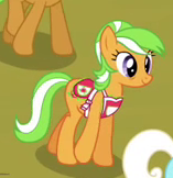 Size: 157x162 | Tagged: safe, screencap, apple brown betty, apple leaves, salt water, earth pony, pony, g4, trade ya!, apple family member, background pony, clothes, cropped, female, mare, offscreen character