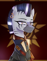 Size: 1951x2524 | Tagged: safe, artist:opal_radiance, oc, oc only, zebra, clothes, coat, ear piercing, earring, glasses, jacket, jewelry, military uniform, piercing, solo, uniform