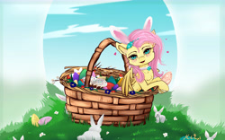 Size: 9000x5600 | Tagged: safe, artist:martazap3, fluttershy, pegasus, pony, rabbit, g4, animal, basket, easter, easter egg, holiday, sky, solo, wings