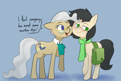 Size: 2840x1895 | Tagged: safe, artist:hitsuji, mayor mare, oc, oc:weary craft, earth pony, pony, g4, bag, blushing, cheek rub, clothes, earth pony oc, glasses, jabot, looking away, one eye closed, rubbing hooves, saddle bag, scarf