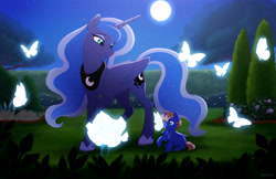 Size: 1280x830 | Tagged: safe, artist:akeahi, princess luna, oc, oc:moonrise, alicorn, bat pony, bat pony alicorn, butterfly, pony, g4, bat wings, colt, duo, foal, folded wings, full moon, horn, looking at someone, looking down, magic, male, moon, night, outdoors, quadrupedal, raised hoof, smiling, turned head, wings