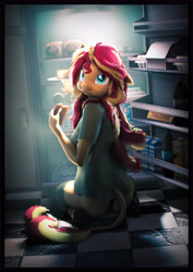 Size: 4000x5656 | Tagged: safe, artist:imafutureguitarhero, sunset shimmer, classical unicorn, unicorn, anthro, unguligrade anthro, g4, 3d, absurd resolution, alcohol, arm fluff, arm freckles, ass, border, bottle, bread, butt, butt fluff, butt freckles, caught, cheek fluff, cheese, chocolate, chocolate bar, chromatic aberration, clothes, cloven hooves, colored eyebrows, colored eyelashes, crumbs, cupboard, cute, ear fluff, ear freckles, eating, egg, elbow fluff, female, film grain, floor, floppy ears, fluffy, food, freckles, fur, glowing, hand freckles, herbivore, hoof fluff, horn, juice, kneeling, leg fluff, leonine tail, looking at camera, looking at you, looking back, looking back at you, mare, messy mane, milk carton, multicolored hair, multicolored mane, multicolored tail, nightshirt, no pants, nose wrinkle, on floor, one ear down, paintover, panties, peppered bacon, pepsi, pizza box, plate, rear view, refrigerator, revamped anthros, revamped ponies, shimmerbetes, shirt, signature, soda, soda can, solo, source filmmaker, stockings, striped stockings, tail, tail hole, thigh highs, toblerone, underhoof, underwear, unshorn fetlocks, wall of tags, wide eyes, wine, wine bottle