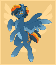 Size: 1500x1750 | Tagged: safe, artist:nyrillen, oc, oc only, pegasus, pony, pony town, blue mane, body markings, ear piercing, eyebrow piercing, facial markings, male, pegasus oc, piercing, pony oc, simple background, solo, spread wings, stallion, wings, yellow background