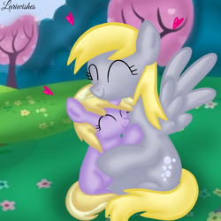 Size: 1400x1400 | Tagged: safe, artist:mlplary6, derpy hooves, dinky hooves, pegasus, pony, unicorn, g4, ^^, duo, equestria's best mother, eyes closed, female, filly, foal, heart, hug, love, mare, mother and child, mother and daughter, sitting, tree