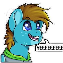 Size: 512x512 | Tagged: safe, artist:sursiq, oc, oc only, oc:carbon, pegasus, pony, blue eyes, brown mane, clothes, cute, dialogue, nodding, open mouth, open smile, simple background, smiling, solo, sparkly eyes, speech bubble, starry eyes, sweater, telegram sticker, text, transparent background, wingding eyes
