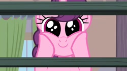 Size: 2560x1440 | Tagged: safe, screencap, sugar belle, pony, unicorn, g4, hard to say anything, season 7, cute, daaaaaaaaaaaw, dhx is trying to murder us, dilated pupils, female, hnnng, hooves on cheeks, looking at you, mare, oh my gosh, shelf, smiling, solo, staring into your soul, sugarbetes, surprised, weapons-grade cute
