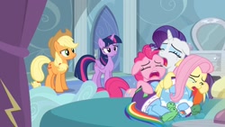 Size: 2560x1440 | Tagged: safe, screencap, applejack, fluttershy, pinkie pie, rainbow dash, rarity, tank, twilight sparkle, alicorn, earth pony, pegasus, pony, tortoise, unicorn, g4, tanks for the memories, bathrobe, bed, clothes, cry pile, crying, dashie slippers, fluttercry, makeup, male, mane six, mascarity, pinkie cry, rarity being rarity, robe, running makeup, slippers, tank slippers, twilight sparkle (alicorn), uvula