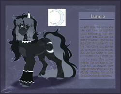 Size: 4500x3500 | Tagged: safe, artist:lunciakkk, oc, oc only, oc:luncia, pony, unicorn, black sclera, chest fluff, coat markings, colored hooves, colored horn, colored pinnae, facial markings, female, gradient mane, gradient tail, hooves, horn, moon, pale belly, reference sheet, solo, star (coat marking), story included, tail