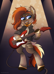 Size: 3000x4091 | Tagged: safe, artist:madelinne, oc, oc only, oc:living flame, earth pony, pony, bipedal, electric guitar, guitar, male, musical instrument, playing instrument, stallion