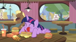 Size: 2560x1440 | Tagged: safe, screencap, coco crusoe, twilight sparkle, alicorn, earth pony, pony, g4, twilight time, ^^, burger, cute, eyes closed, female, food, happy, hay burger, horseshoe fries, ketchup, male, mare, sauce, stallion, that pony sure does love burgers, twiabetes, twilight burgkle, twilight sparkle (alicorn)