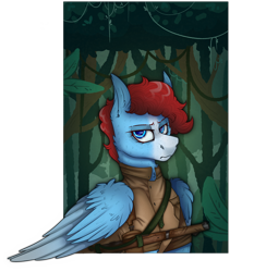 Size: 2300x2353 | Tagged: safe, artist:molars, oc, oc only, oc:roaring forties, pegasus, pony, equestria at war mod, blue eyes, blue fur, clothes, commission, feather, gun, high res, jungle, looking at you, solo, uniform, weapon, wings