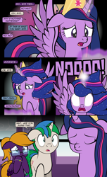 Size: 1920x3168 | Tagged: safe, artist:alexdti, twilight sparkle, oc, oc:purple creativity, oc:star logic, alicorn, pony, comic:quest for friendship, g4, the last problem, big no, bracelet, comic, crown, crying, flashback, glasses, glowing, glowing eyes, hoof over mouth, jewelry, misspelling, older, older twilight, older twilight sparkle (alicorn), ponytail, princess twilight 2.0, regalia, shocked, shocked expression, sparkly mane, teary eyes, twilight sparkle (alicorn), twilight sparkle glowing eyes