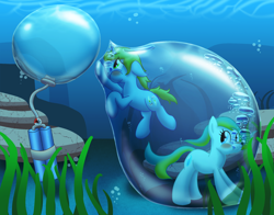 Size: 2320x1815 | Tagged: safe, artist:bladedragoon7575, oc, oc only, oc:balance blade, oc:delphina depths, air bubble, air tank, bubble, crepuscular rays, in bubble, ocean, seaweed, sunlight, swimming, this will end in death, underwater, water, water bubble