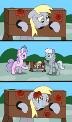 Size: 1920x3240 | Tagged: safe, artist:platinumdrop, derpy hooves, diamond tiara, silver spoon, earth pony, pegasus, pony, g4, abuse, bent over, bully, bullying, bush, comic, commission, cruel, crying, derpybuse, female, filly, floppy ears, foal, food, frown, giggling, glasses, grass, helpless, jewelry, laughing, looking at each other, looking at someone, mare, outdoors, punishment, raised hoof, restrained, sad, sky, smiling, smug, smug smile, stocks, tiara, tomato, trio, trio female