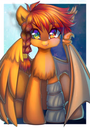 Size: 3508x4961 | Tagged: safe, artist:chaosangeldesu, oc, oc only, oc:flaming hoof, bat pony, pegasus, pony, absurd resolution, bat pony oc, bat wings, commission, cute, heterochromia, looking at you, sitting, smiling, solo, wings