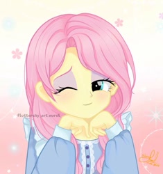 Size: 833x886 | Tagged: safe, artist:fluttershy_art.nurul, fluttershy, human, equestria girls, g4, blouse, bust, clothes, cute, female, gradient background, looking at you, one eye closed, shyabetes, smiling, solo, supporting head, wink, winking at you