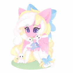 Size: 4000x4000 | Tagged: safe, artist:yomechka, oc, oc only, oc:bay breeze, pegasus, rabbit, anthro, unguligrade anthro, animal, bow, clothes, cute, female, hair bow, heart, heart eyes, simple background, socks, solo, tail, tail bow, white background, wingding eyes