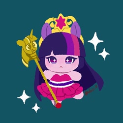 Size: 766x766 | Tagged: safe, artist:efuji_d, twilight sparkle, human, equestria girls, g4, big crown thingy, chibi, clothes, cute, dress, element of magic, fall formal outfits, female, frown, green background, jewelry, ponied up, regalia, scepter, simple background, solo, sparkles, starry eyes, twiabetes, twilight scepter, wingding eyes