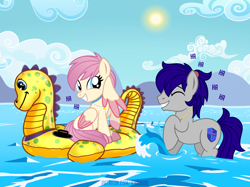 Size: 1100x821 | Tagged: safe, artist:jennieoo, oc, oc:gentle star, oc:maverick, earth pony, pegasus, pony, beach, cloud, colored wings, cute, female, happy, inflatable, inflatable toy, laughing, male, mare, mountain, ocbetes, ocean, ponytail, short mane, show accurate, smiling, stallion, sun, two toned wings, vector, water, wet, wings