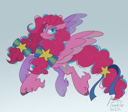 Size: 1024x892 | Tagged: safe, artist:petaltwinkle, pinkie pie, pegasus, pony, g4, female, gradient background, hair ribbon, long feather, mare, pegasus pinkie pie, pigtails, race swap, ribbon, signature, smiling, solo, spread wings, twintails, unshorn fetlocks, wings