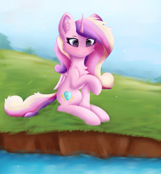 Size: 3053x3298 | Tagged: safe, artist:gaffy, princess cadance, alicorn, pony, g4, chest fluff, ear fluff, female, high res, mare, raised hoof, sitting, solo, water, wings