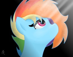 Size: 1380x1080 | Tagged: safe, artist:reinbou, rainbow dash, pegasus, pony, g4, alternate hairstyle, black background, light, no mouth, simple background, solo