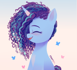 Size: 2106x1917 | Tagged: safe, artist:maren, misty brightdawn, butterfly, pony, unicorn, g5, blushing, bust, cornrows, cute, eyes closed, female, freckles, gradient background, high res, mare, mistybetes, open mouth, open smile, pale belly, profile, smiling, solo