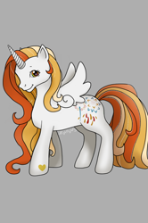 Size: 532x800 | Tagged: safe, oc, oc:golden heart explosion, alicorn, pony, g3, gray background, looking at you, multicolored hair, original character do not steal, pony maker, rainbow eyes, simple background, smiling, smiling at you, solo, white coat, white fur