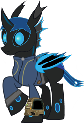 Size: 876x1272 | Tagged: safe, artist:php170, derpibooru exclusive, oc, oc only, oc:w. rhinestone eyes, changeling, fallout equestria, bat wings, blue changeling, blue eyes, changeling oc, clothes, cute, fallout, folded wings, hair, happy, horn, jumpsuit, male, pipboy, simple background, solo, transparent background, vault suit, vector, wings