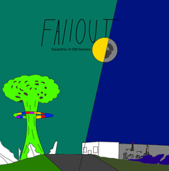 Size: 1151x1166 | Tagged: safe, artist:republic ball, fallout equestria, city, cityscape, fanfic, fanfic art, fanfic cover, in old geneva, megaspell, megaspell explosion, moon, no pony, paint.net, split screen, sun, two sides