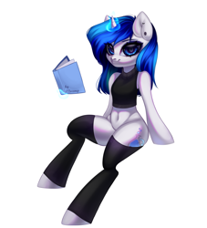 Size: 3333x3666 | Tagged: safe, artist:02vxmp, artist:minchyseok, oc, oc only, oc:mind, pony, unicorn, semi-anthro, arm hooves, belly button, book, clothes, ear piercing, eyeshadow, high res, makeup, piercing, simple background, socks, solo, sweater, thigh highs, white background