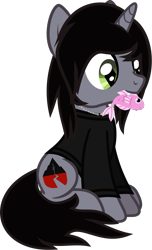 Size: 696x1147 | Tagged: safe, artist:lightningbolt, derpibooru exclusive, fish, pony, unicorn, g4, .svg available, clothes, disguise, disguised siren, fangs, happy, horn, jewelry, kellin quinn, long sleeves, male, mouth hold, necklace, ponified, shirt, show accurate, simple background, sitting, sleeping with sirens, slit pupils, smiling, solo, stallion, svg, transparent background, vector