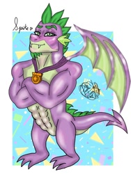 Size: 768x1024 | Tagged: safe, artist:pw-jkg-cherrys, spike, dragon, g4, abs, adult, adult spike, beefspike, facial hair, gigachad, gigachad spike, goatee, male, muscles, muscular male, older, older spike, passepartout, solo, stupid sexy spike, winged spike, wings