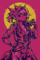 Size: 1000x1500 | Tagged: safe, artist:serodart, oc, unicorn, anthro, aesthetics, clothes, hotline miami, looking at you, pink background, retrowave, simple background, solo, weapon