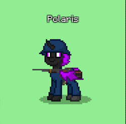 Size: 841x823 | Tagged: safe, oc, oc only, oc:polaris, changeling, ashes town, fallout equestria, changeling oc, clothes, equidae defense forces, green background, gun, helmet, in old geneva, purple changeling, simple background, solo, weapon