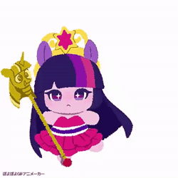 Size: 400x400 | Tagged: safe, artist:efuji_d, twilight sparkle, human, equestria girls, g4, animated, big crown thingy, chibi, clothes, cute, dress, element of magic, fall formal outfits, female, frown, hopping, japanese, jewelry, jumping, no sound, ponied up, regalia, scepter, simple background, solo, sparkles, starry eyes, twilight scepter, webm, wingding eyes