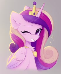 Size: 1528x1848 | Tagged: safe, artist:lerkfruitbat, princess cadance, alicorn, pony, g4, crown, cute, cutedance, eyebrows, female, folded wings, gradient background, grin, jewelry, looking at you, mare, one eye closed, peytral, regalia, signature, smiling, smiling at you, solo, wings, wink, winking at you