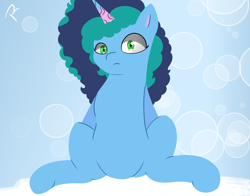 Size: 1380x1080 | Tagged: safe, artist:reinbou, misty brightdawn, pony, unicorn, g5, blue background, cyan background, looking at you, simple background, sitting, solo