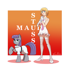 Size: 1945x2033 | Tagged: safe, artist:feralroku, maud pie, earth pony, human, pony, g4, alternate clothes, alternate universe, clothes, crossover, garter belt, gloves, necktie, one piece, palindrome get, raised hoof, stussy (one piece)