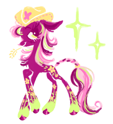 Size: 1280x1400 | Tagged: safe, artist:peaceandlove26, cheerilee (g3), earth pony, pony, g3, blush scribble, body markings, braid, colored hooves, cowboy hat, ear fluff, ears back, food, hat, hoof polish, lidded eyes, redesign, simple background, smiling, solo, toy interpretation, wheat, white background