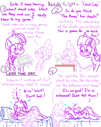 Size: 4779x6013 | Tagged: safe, artist:adorkabletwilightandfriends, spike, twilight sparkle, alicorn, dragon, pony, comic:adorkable twilight and friends, g4, adorkable, adorkable twilight, bed, bedroom, blushing, butt, cheating, comic, computer, cute, dork, ear blush, embarrassed, excited, glowing, glowing horn, happy, horn, laptop computer, levitation, lying down, magic, magic aura, nervous, plot, plump, prone, question, regret, shocked, surprised, telekinesis, the ponies, the sims, twilight sparkle (alicorn), video game, we don't normally wear clothes