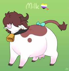 Size: 1245x1273 | Tagged: safe, artist:greenarsonist, oc, oc only, oc:milk, cow, bell, bovine, bow, cloven hooves, cowbell, fat, gradient background, hair over eyes, horns, nonbinary, nonbinary pride flag, pansexual, pansexual pride flag, pride, pride flag, solo, tail, tail bow, udder