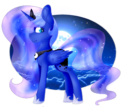 Size: 1089x945 | Tagged: safe, artist:angellightyt, artist:melodysweetheart, princess luna, pony, g4, collaboration, ethereal mane, eyelashes, female, full moon, hoof shoes, mare, moon, peytral, simple background, smiling, solo, transparent background